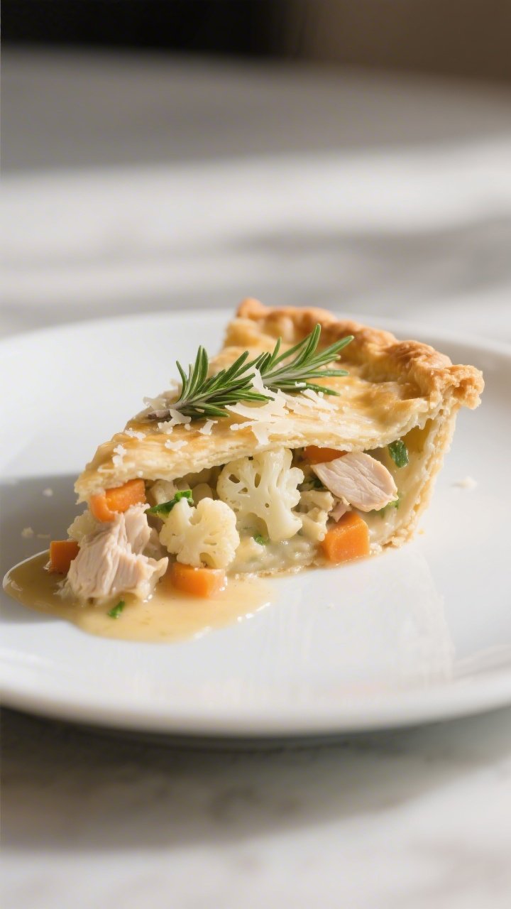 Final plated presentation, close-up: A neat wedge of keto chicken pot pie served on a matte white pl