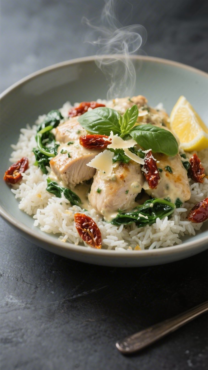 Final plated presentation, : Elegant shallow bowl of Creamy Tuscan Chicken over fluffy jasmine rice,