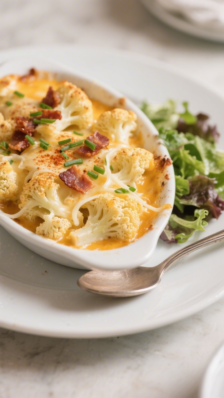 Final plated presentation, restaurant-quality: A generous scoop of the cheesy cauliflower bake serve