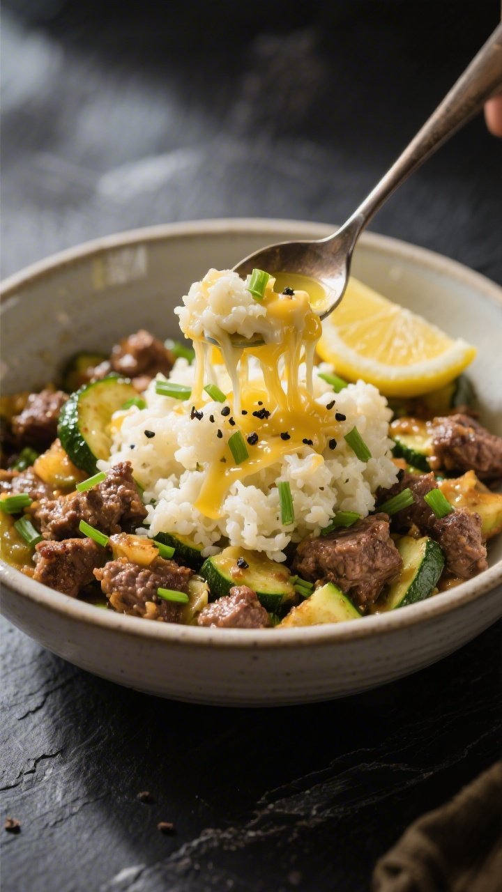 Final plated presentation: Restaurant-quality bowl of keto hamburger zucchini skillet spooned over f