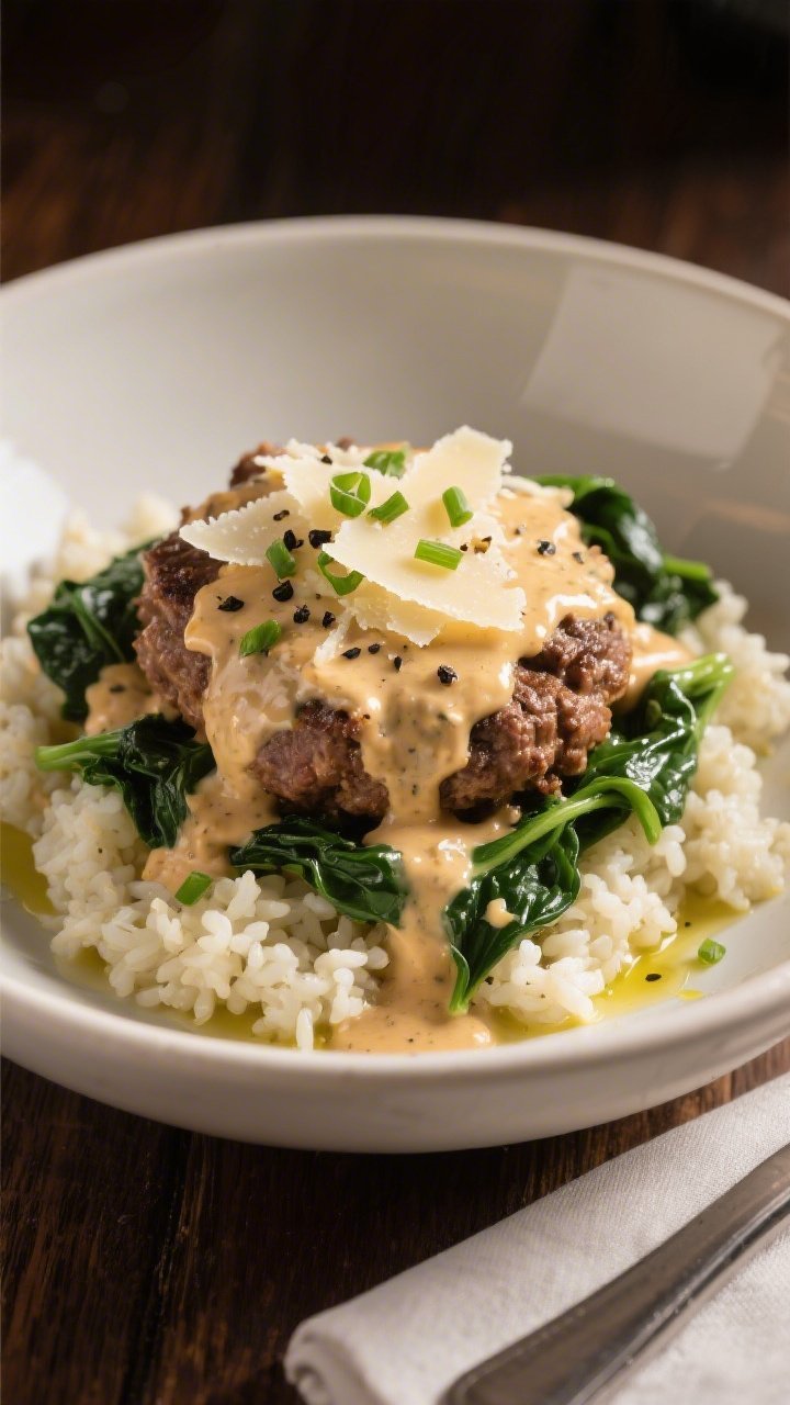 Final plated presentation: Restaurant-quality bowl of the creamy spinach hamburger served over cauli