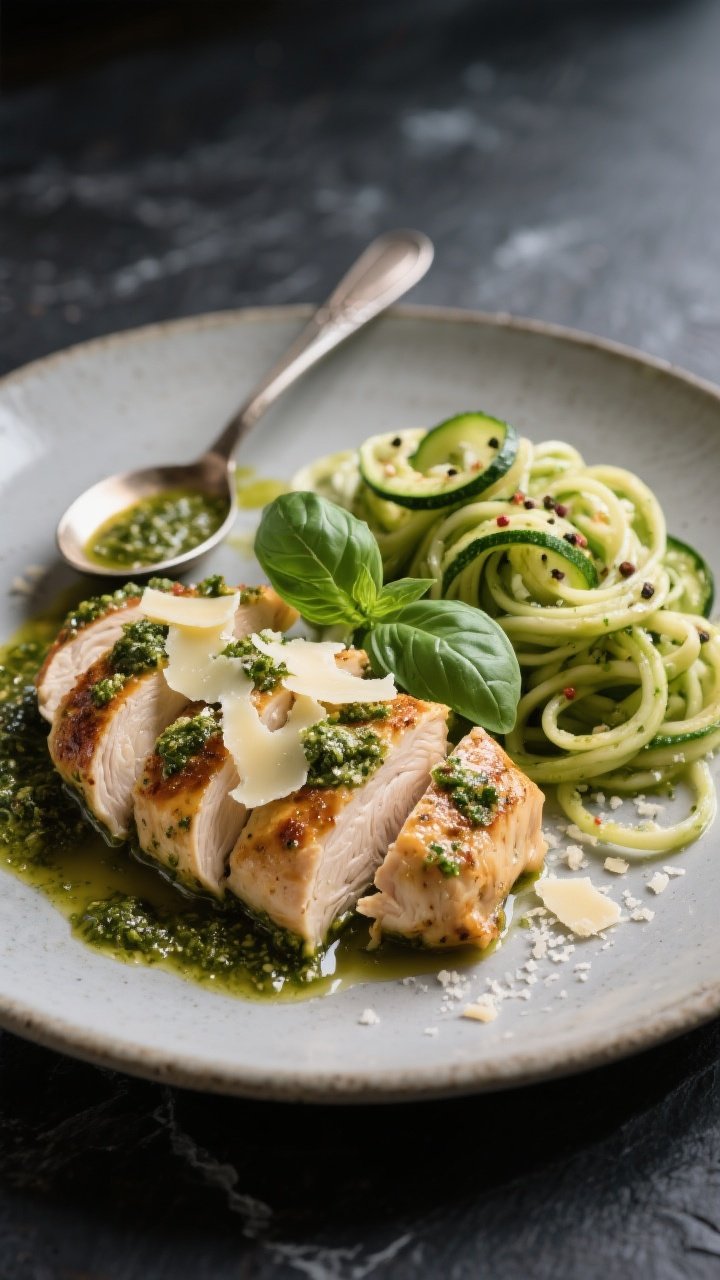 Final plated presentation: Restaurant-quality plate of Keto Pesto Chicken sliced on a bias to reveal