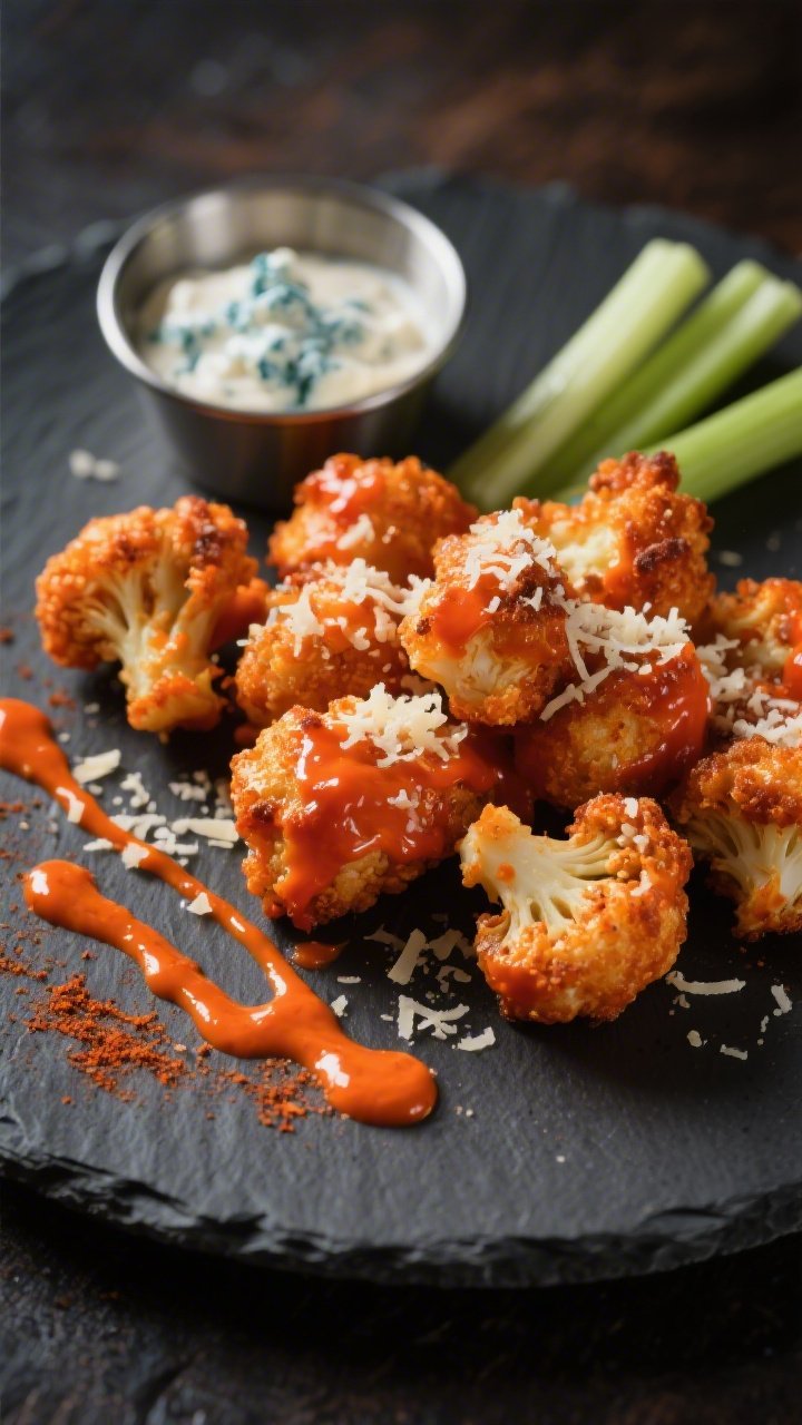 Final plated presentation: Restaurant-quality plate of keto buffalo cauliflower bites with an extra-