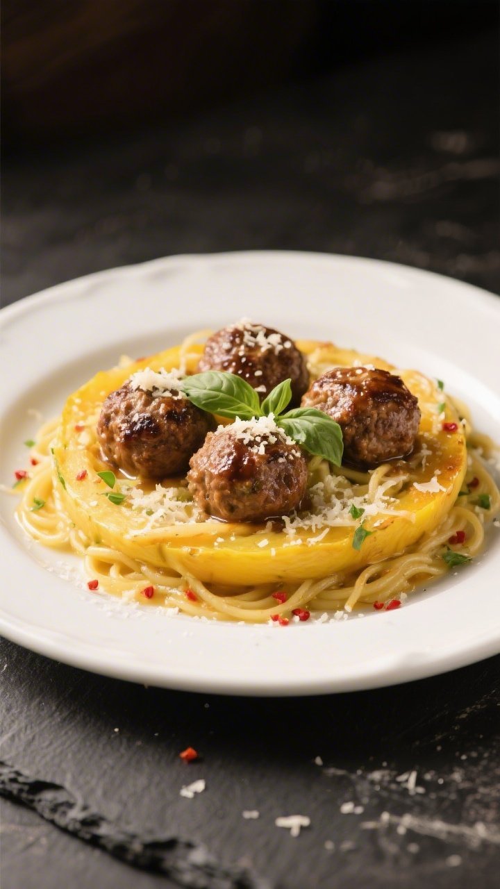 Final plated presentation: Restaurant-quality plating of Keto Garlic Parmesan Meatball Spaghetti Squ