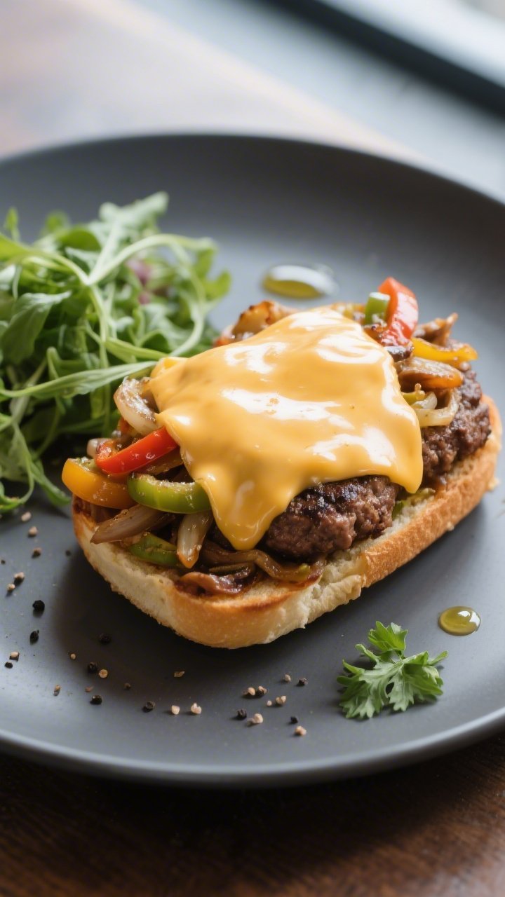 Final plated presentation: Restaurant-quality plating of a single Keto Philly Cheesesteak Hamburger 