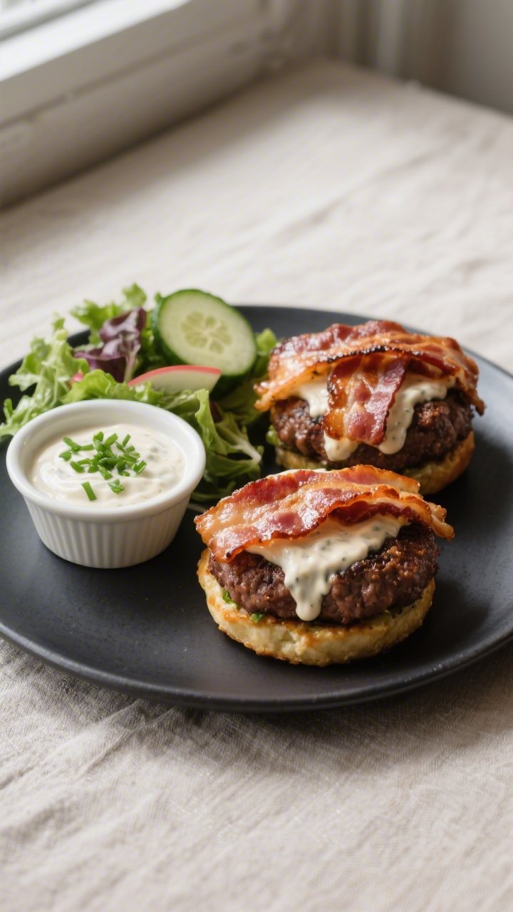 Final plated presentation: Restaurant-quality plate featuring two Keto Bacon Ranch Hamburger Bombs s