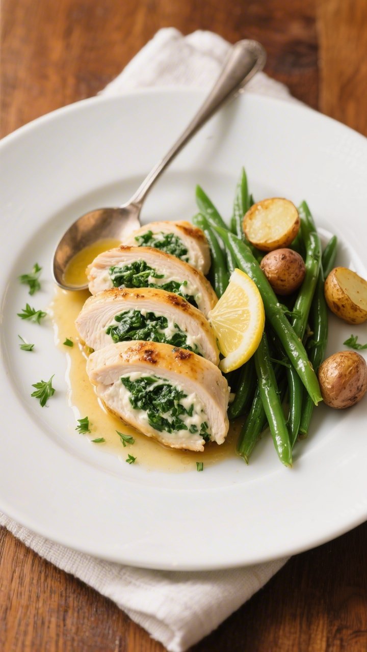 Final plated presentation: Restaurant-quality plate of creamy spinach stuffed chicken breast sliced 