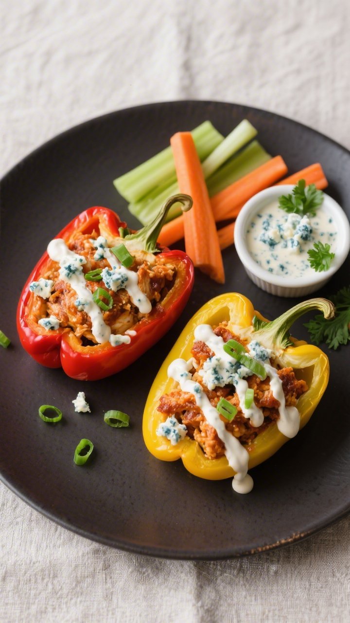 Final plated presentation: Restaurant-quality plate with two Buffalo Chicken Stuffed Pepper halves (