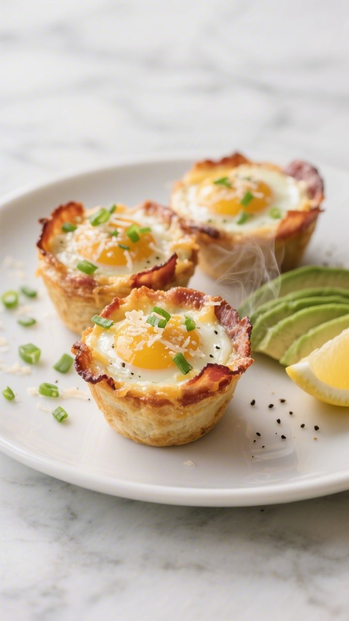 Final plated presentation: Restaurant-quality plating of three Cheesy Bacon Egg Cups on a matte whit