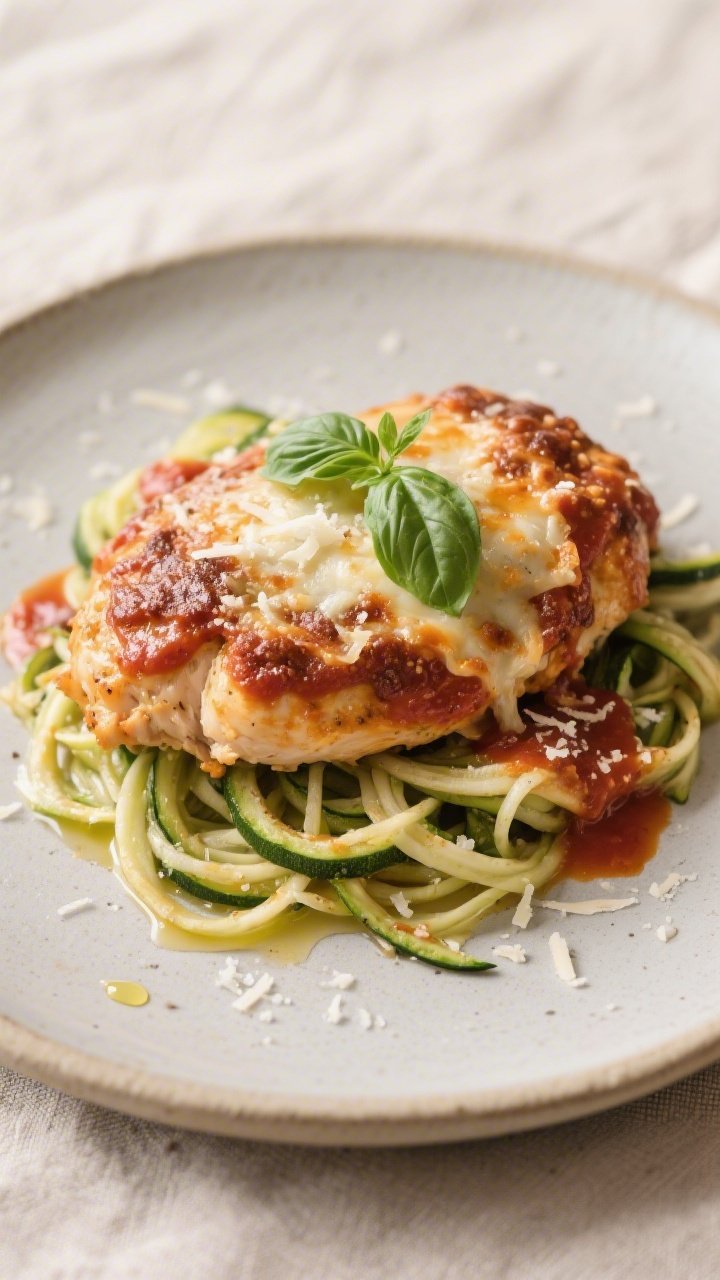 Final plated presentation: Restaurant-quality plate of Keto Chicken Parmesan Bake served over lightl