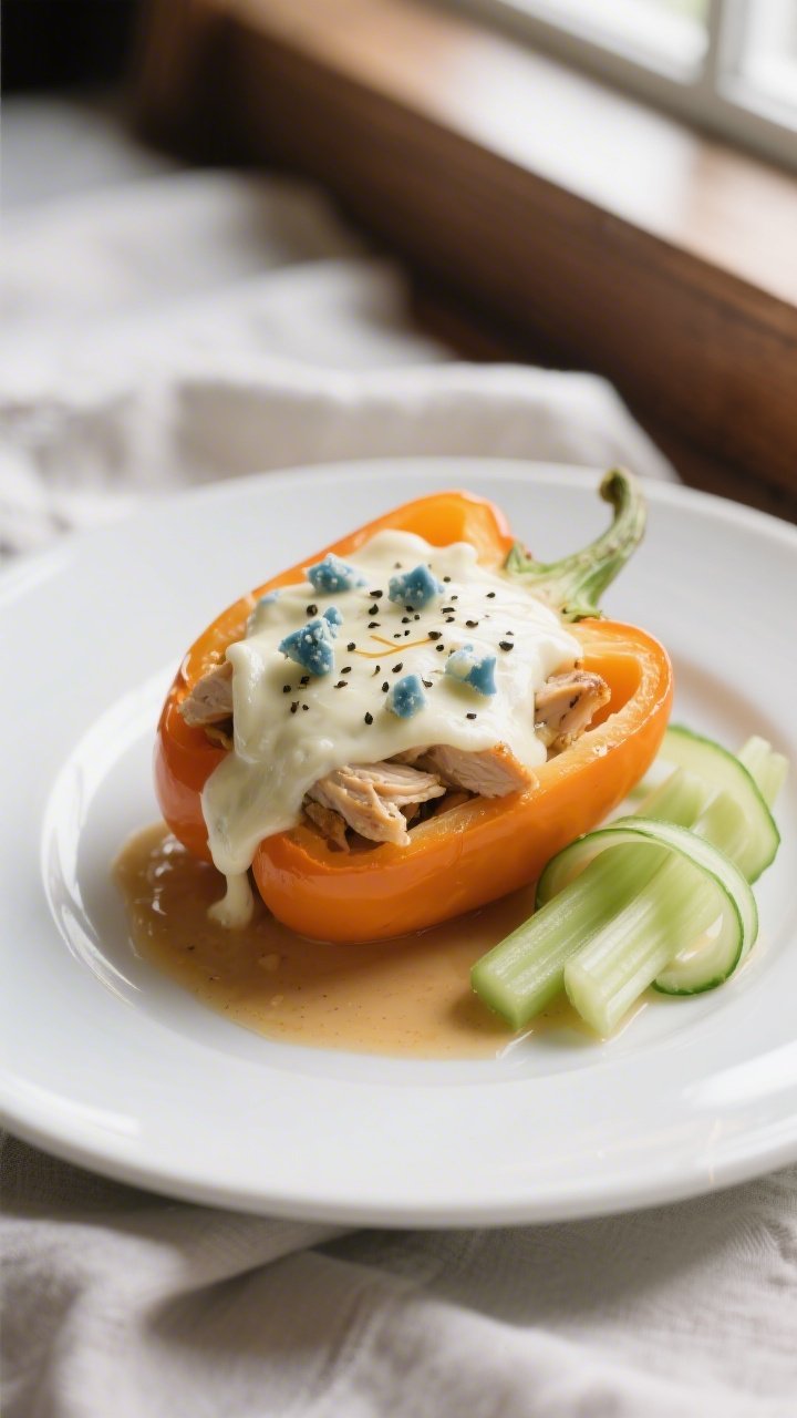 Final plated presentation: Restaurant-quality plating of one stuffed orange bell pepper half on a ma
