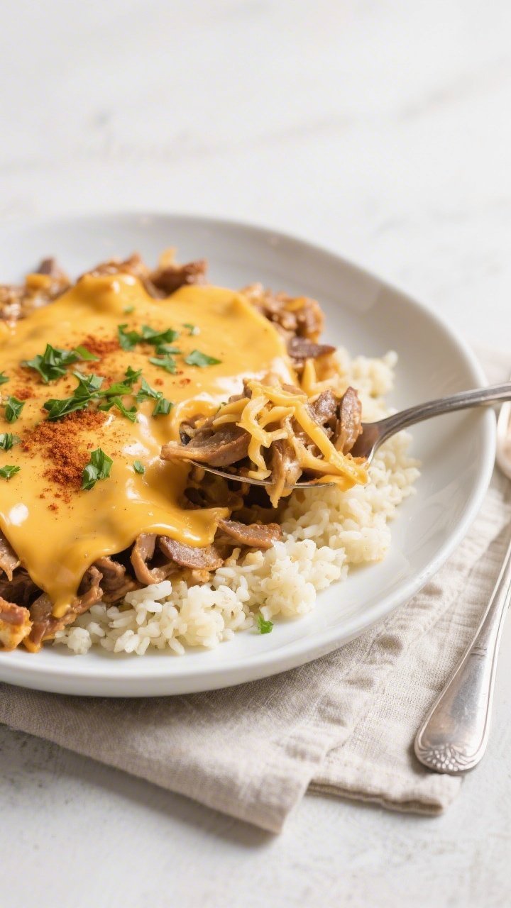 Final plated presentation: Restaurant-quality serving of Keto Philly Cheesesteak Casserole spooned o