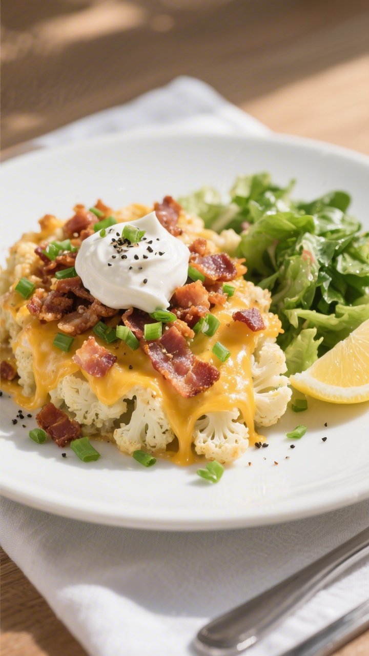 Final plated presentation: Restaurant-quality serving of Keto Loaded Cauliflower Casserole scooped o