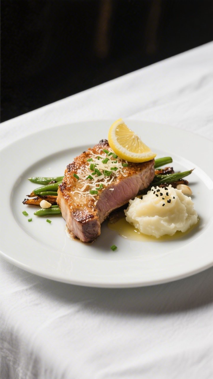 Final plated presentation: Single pork chop centered on a matte white plate, glossy, deeply crisp Pa