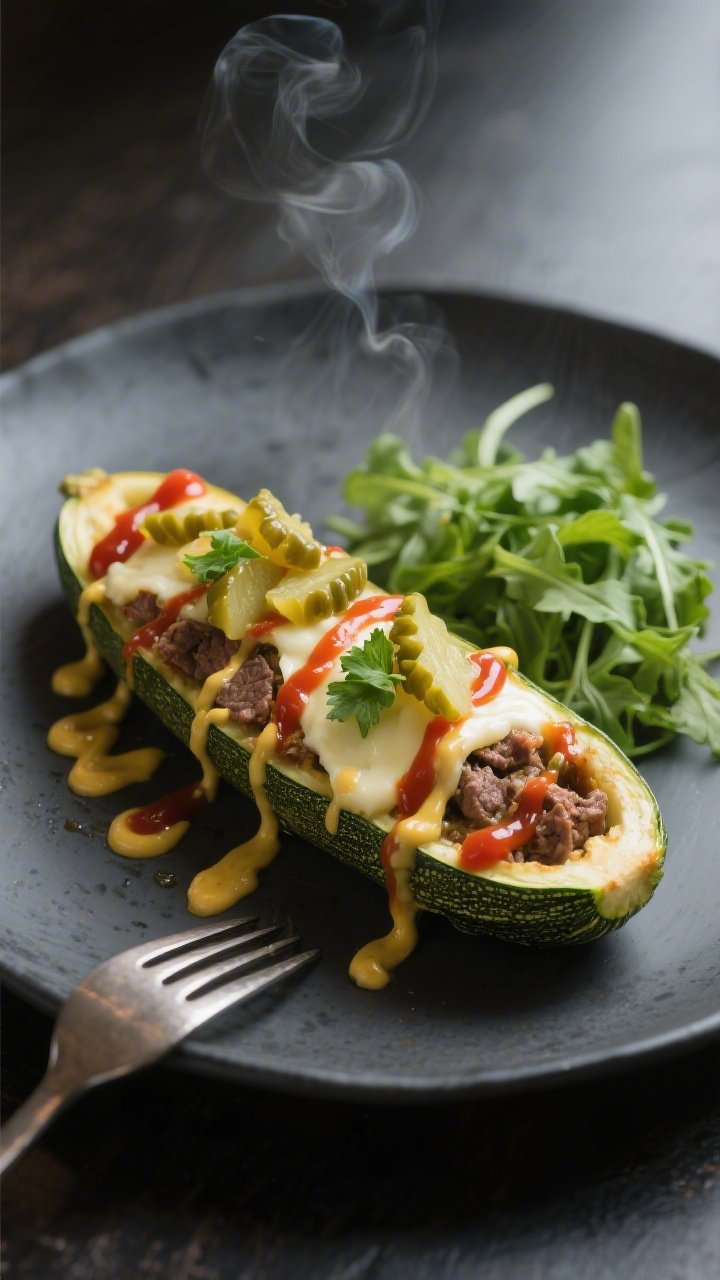 Final plated presentation: Single stuffed zucchini boat on a matte charcoal plate, artfully drizzled
