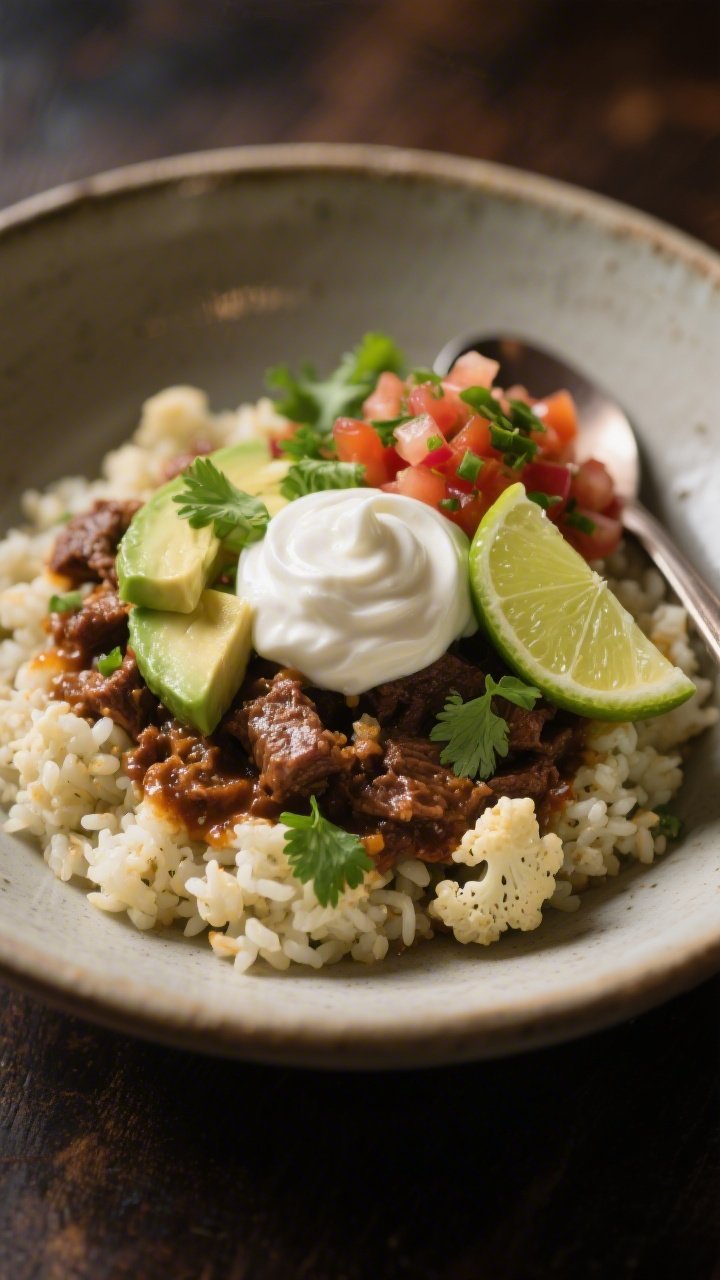 Final plated, restaurant-quality: Beautifully plated Chipotle Beef & Cauliflower Rice in a shallow c