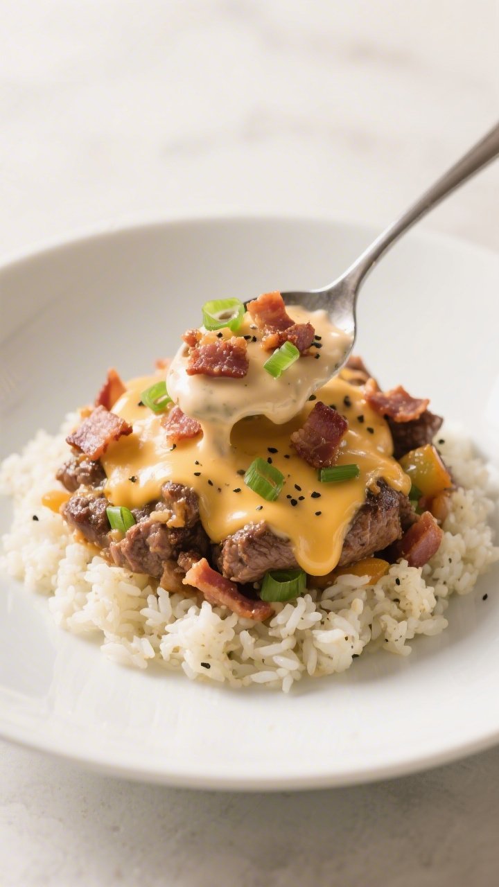 Final plated, restaurant-quality presentation: A generous spoonful of the cheesy bacon hamburger ski