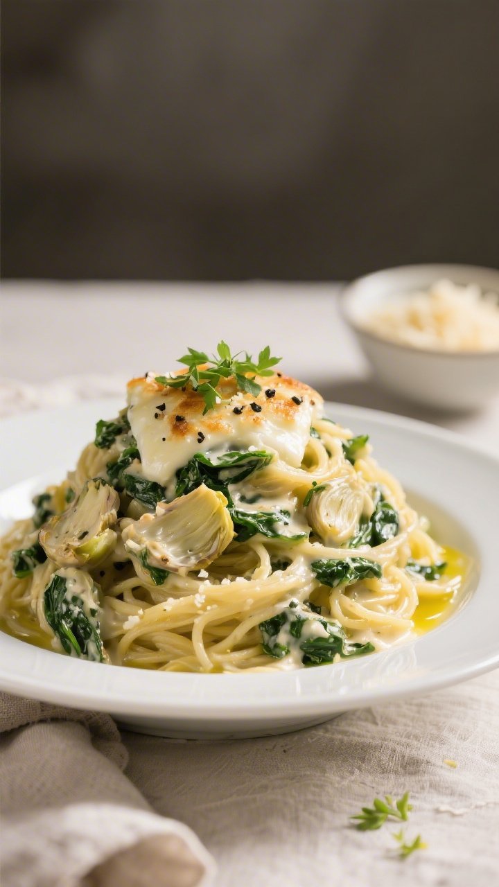 Final plated, restaurant-quality presentation: A generous mound of keto spinach artichoke spaghetti