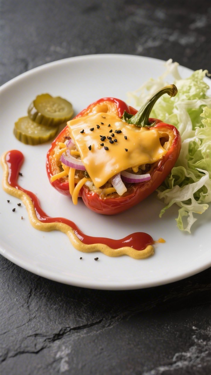 Final plated restaurant-quality presentation: a single stuffed pepper on a matte white plate with a 