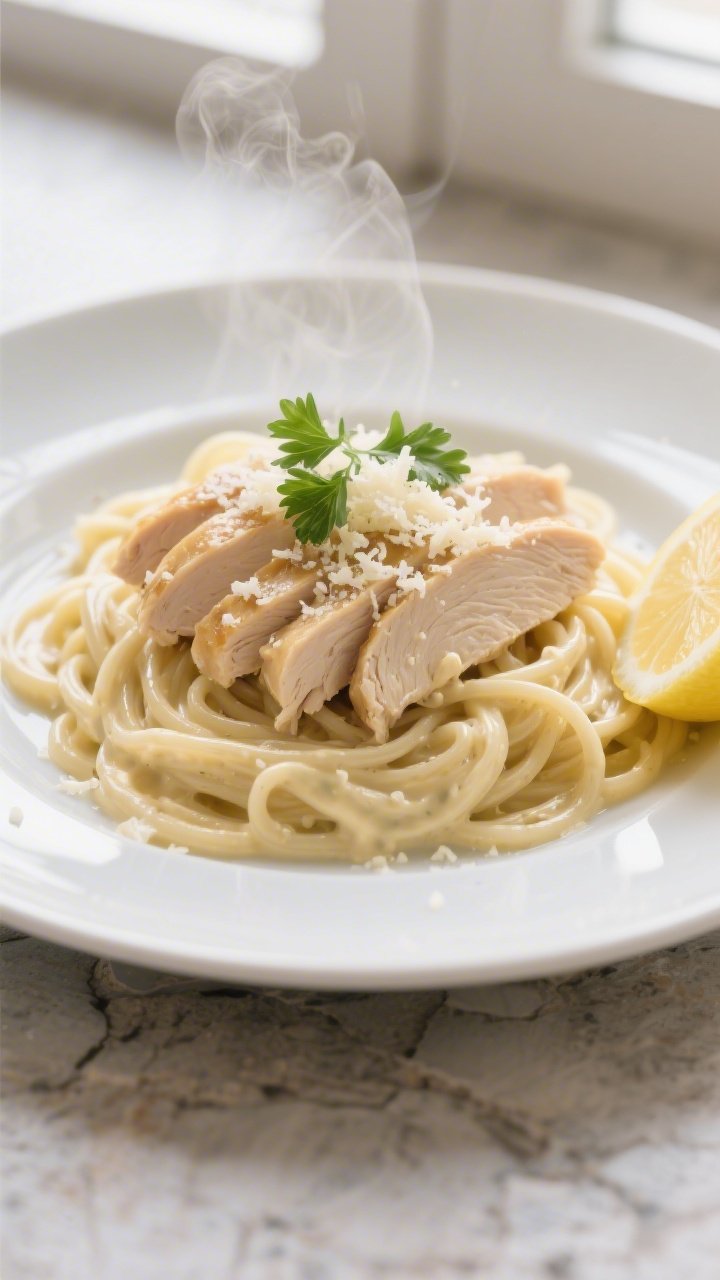 Final plated, restaurant-quality presentation: Elegant plate of 5-Ingredient Keto Chicken Alfredo wi