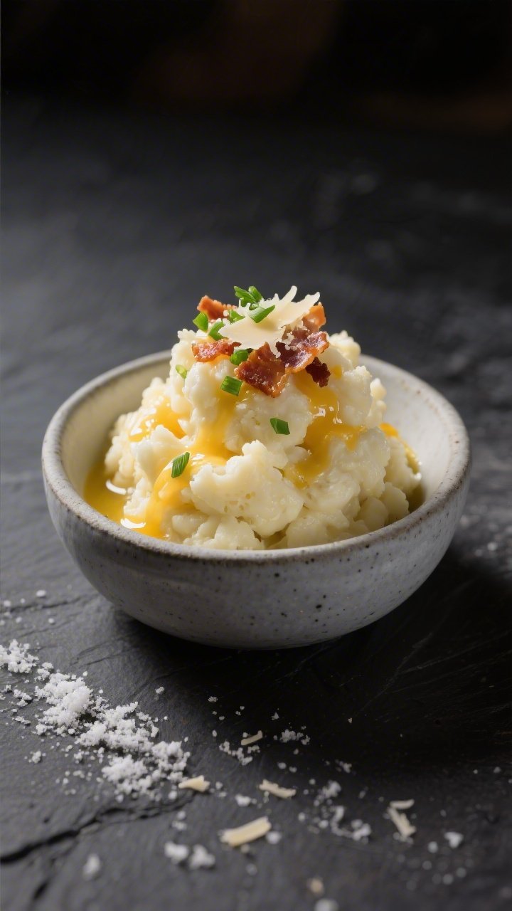 Final plated, restaurant-quality presentation: Elegant single-serve scoop of creamy cauliflower mash