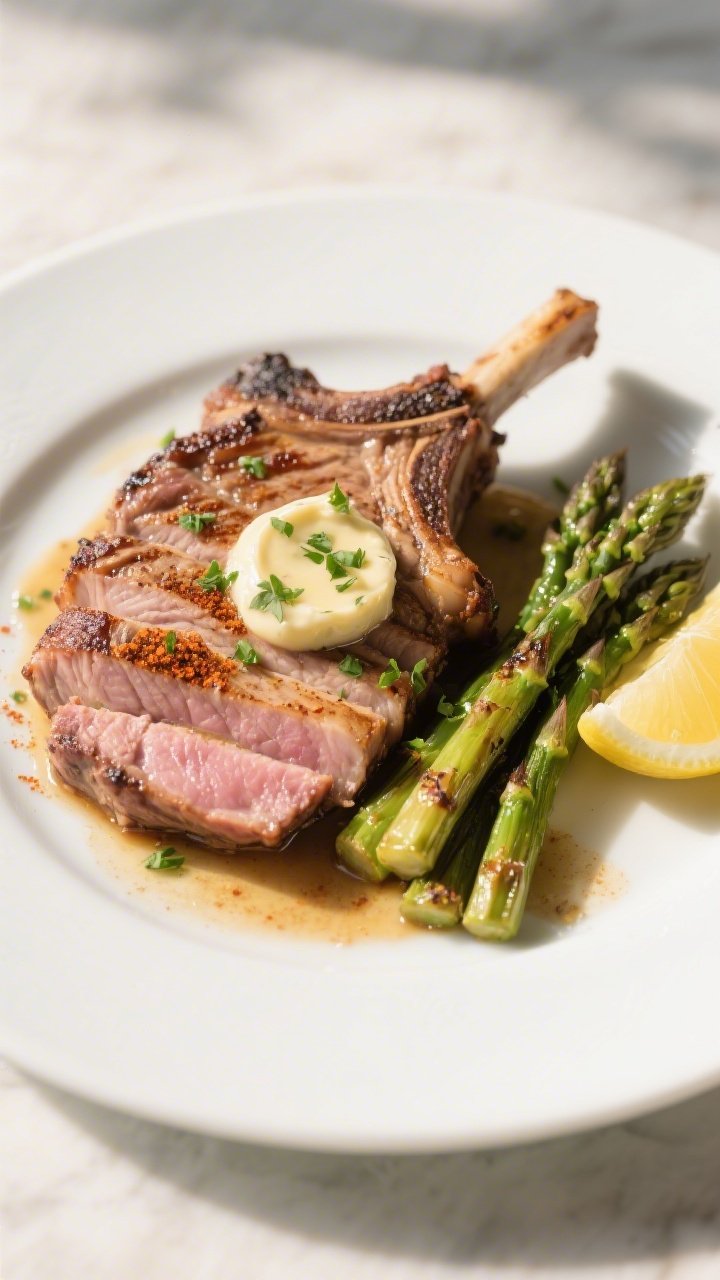Final plated restaurant-quality presentation: one thick bone-in pork chop sliced and fanned on a mat