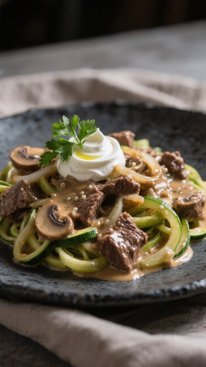 Final plated restaurant-style presentation, close-up: Beautifully plated slow cooker keto beef strog