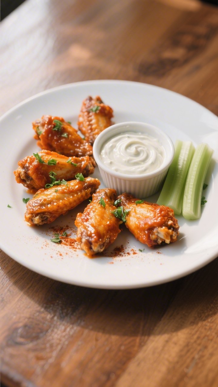 Final plated restaurant-style presentation: Single-serving plate of 5–6 keto Buffalo ranch wings, 