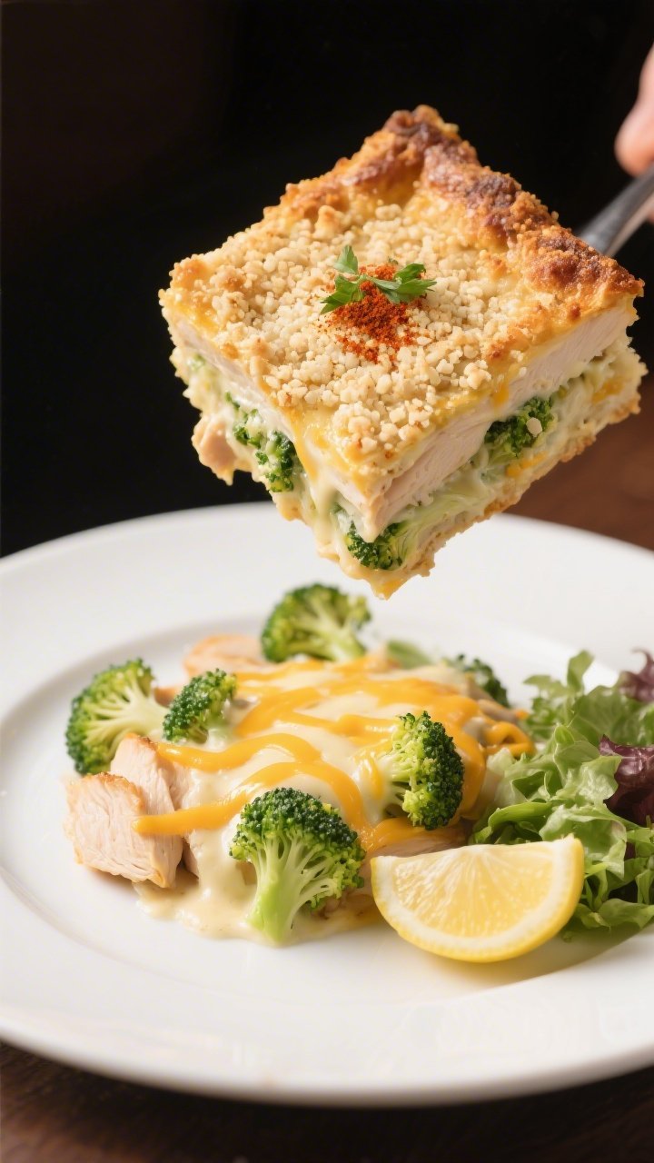 Final plated serving, restaurant-quality: A generous square of Cheesy Broccoli Chicken Bake neatly l