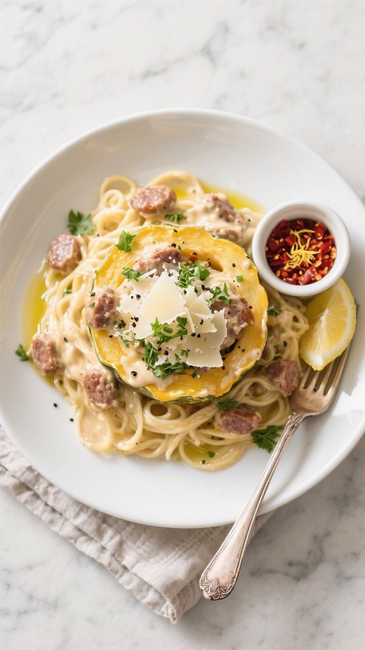 Final plated, tasty top view — Keto Italian Sausage Alfredo Spaghetti Squash: Overhead shot of the
