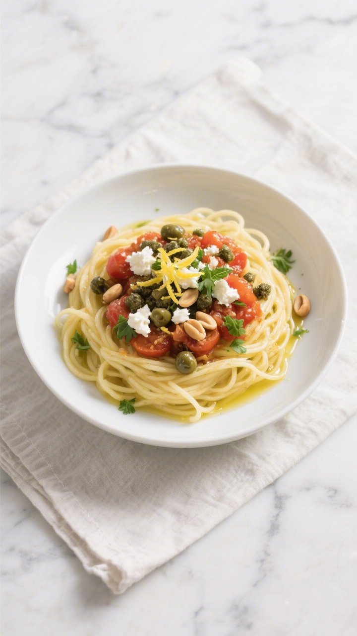 Final plated, tasty top view: Overhead shot of Keto Mediterranean Spaghetti Squash “noodles” twi