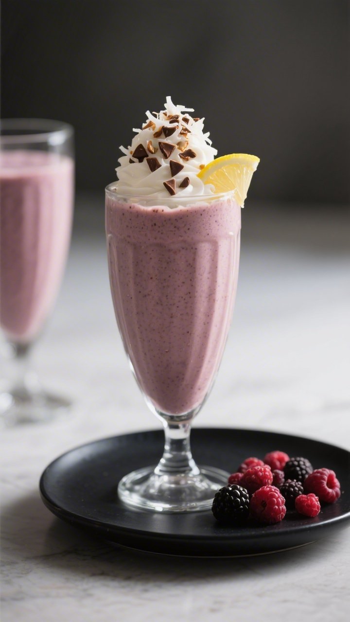 Final presentation: Restaurant-quality glass of Keto Berry Coconut Smoothie styled like a dessert sh
