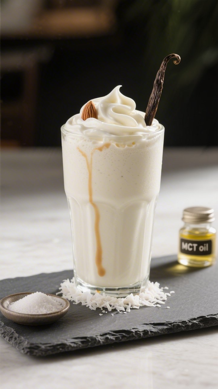 Final presentation: Restaurant-quality hero shot of the smoothie styled like a vanilla milkshake—t