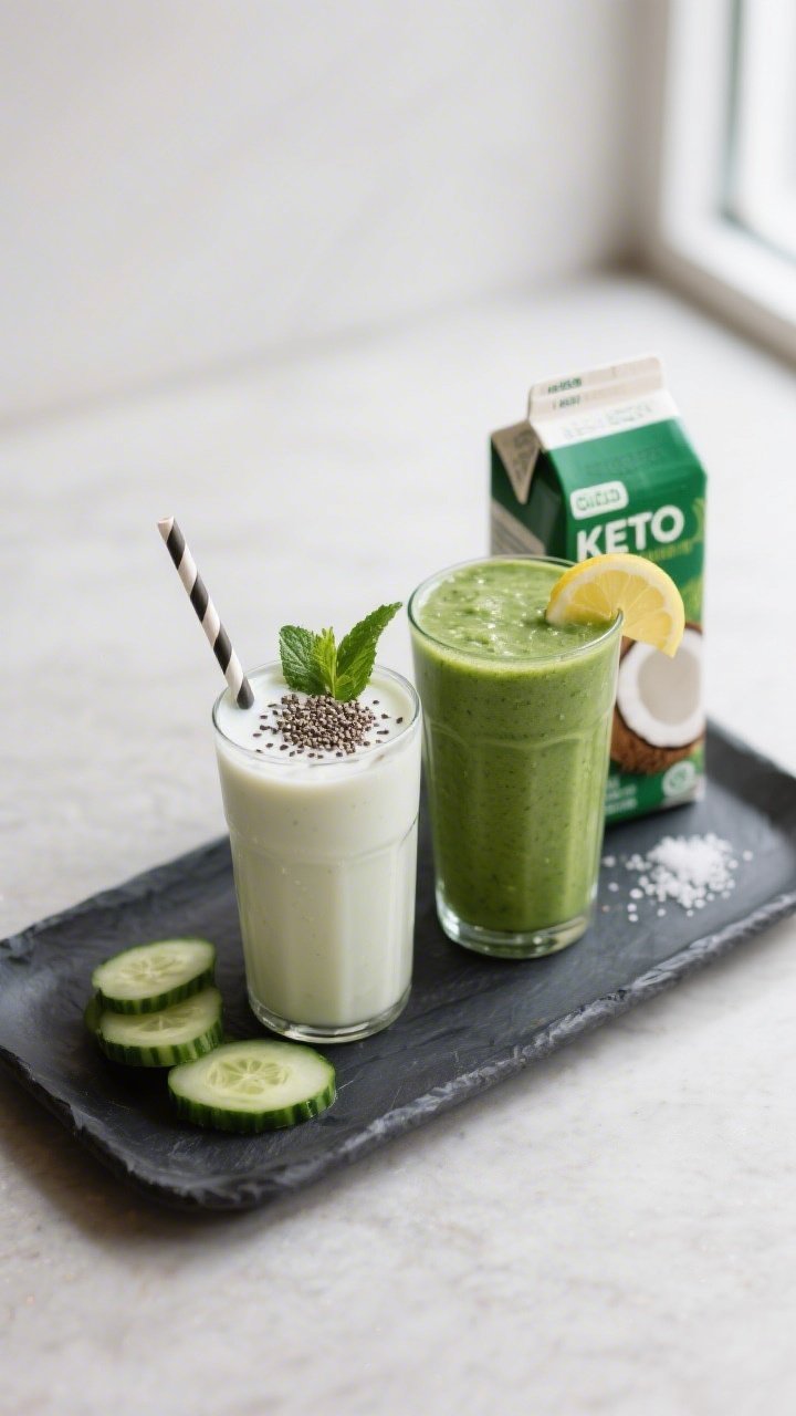 Final presentation: Restaurant-quality plated beverage scene featuring two Keto Green Smoothies with