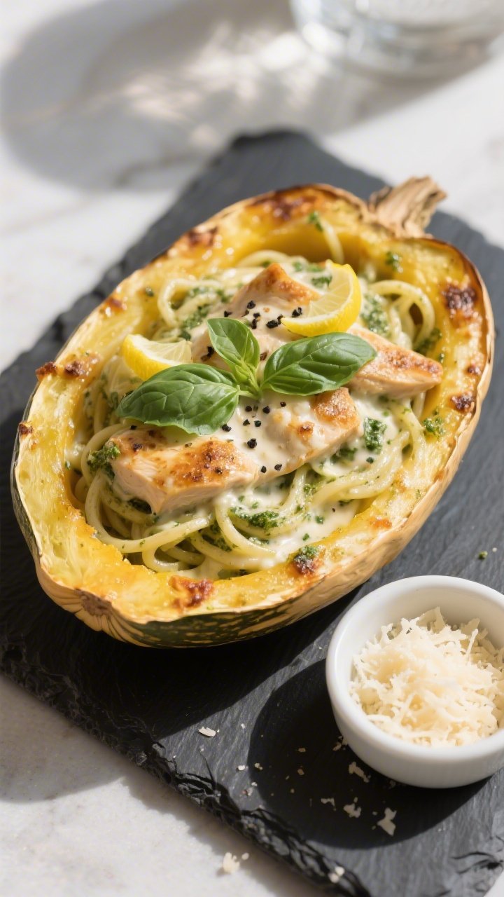 Final presentation: Restaurant-quality plating of Keto Creamy Pesto Chicken Spaghetti Squash served 