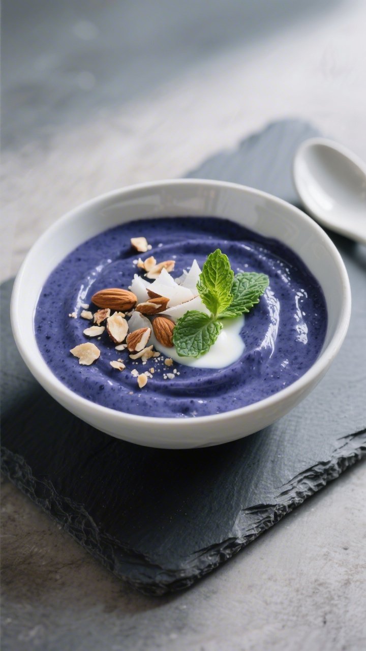 Final presentation: Restaurant-quality smoothie bowl variation—extra-thick keto blueberry smoothie