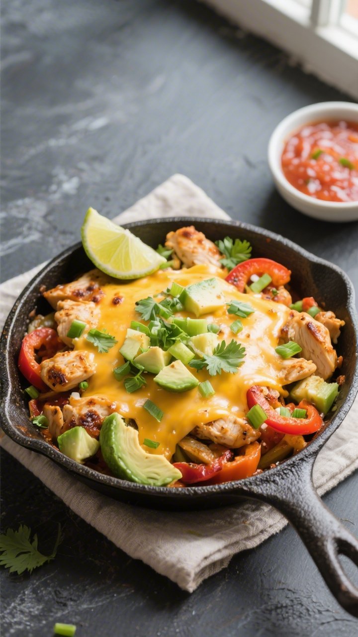 Final skillet presentation: Overhead shot of Keto Chicken Taco Skillet just off the heat with a perf