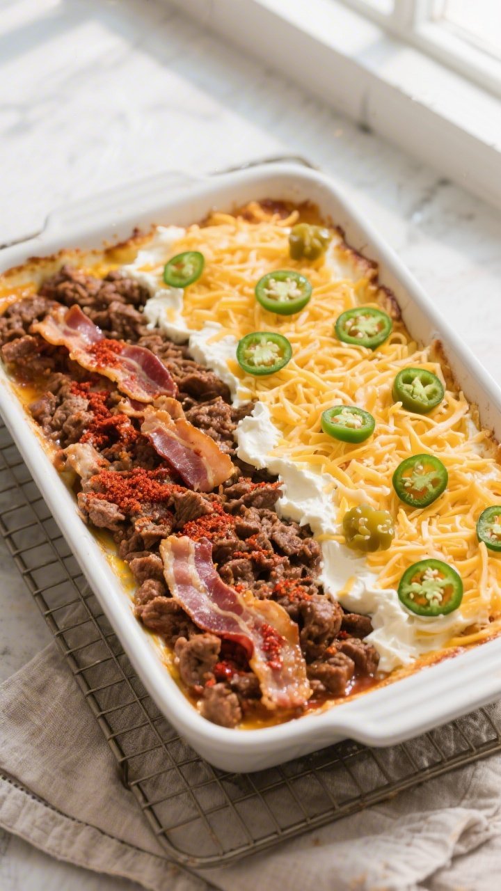 Overhead “assembling the bake” shot: 9x13 casserole just before going into the oven—layer of s