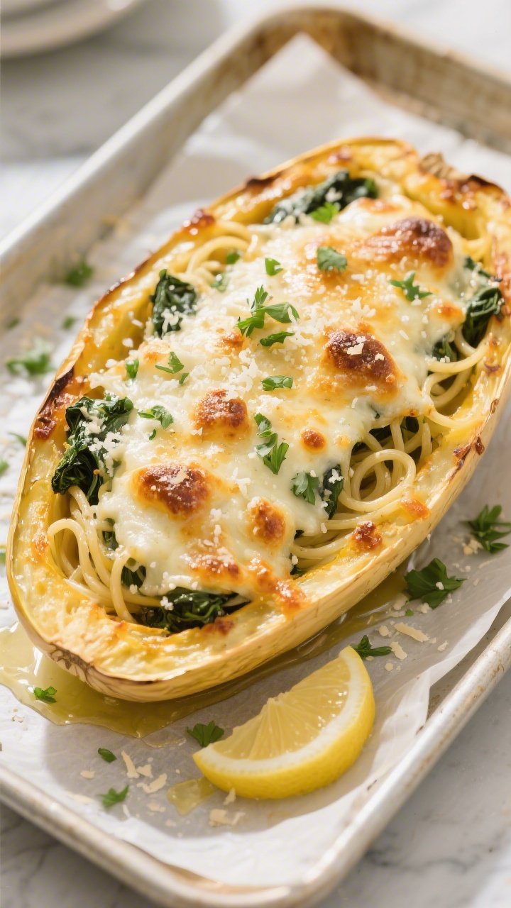Overhead “boat” finish, tasty top view: Broiled keto spinach artichoke spaghetti squash served i