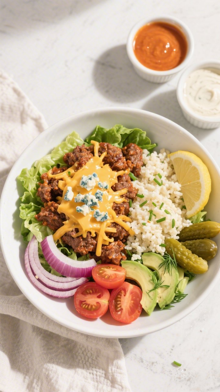 Overhead “build-your-own” bowl assembly: Tasty top view of a Keto Buffalo Cheeseburger Bowl in a