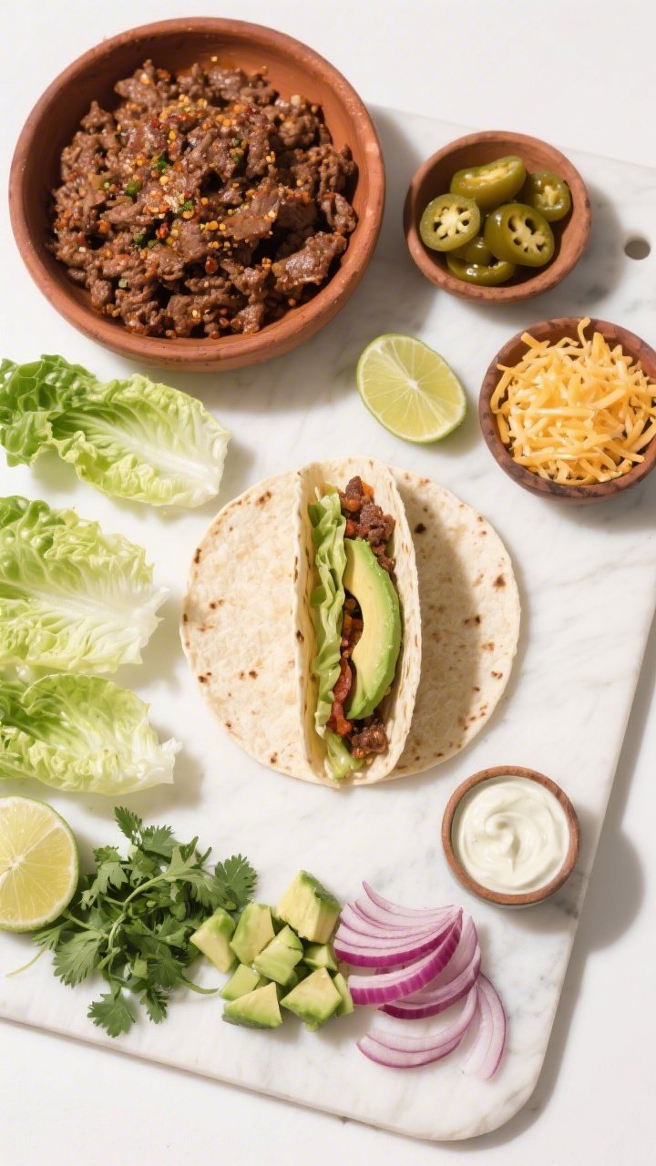 Overhead “build-your-own” spread: Top-down shot of a taco assembly board featuring chilled romai
