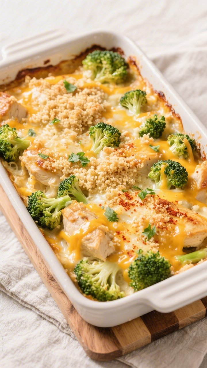 Overhead casserole reveal, just baked: Top-down shot of a 9x13 baking dish filled with Cheesy Brocco