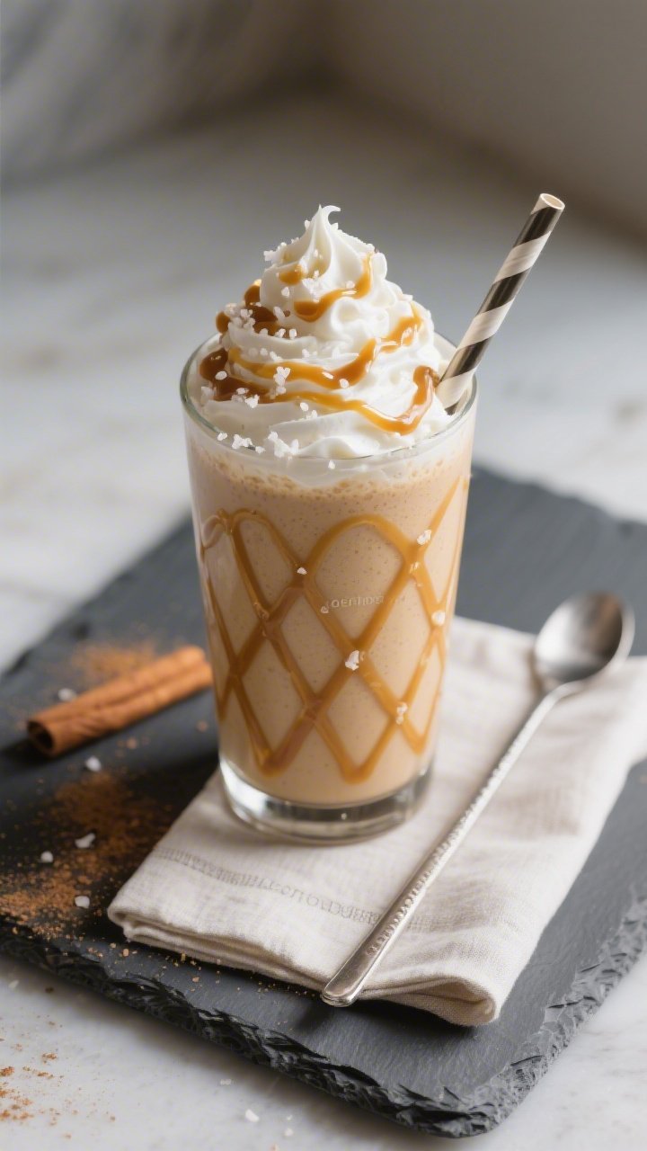 Overhead “coffeehouse” final presentation of the Keto Salted Caramel Smoothie: of a tall glass c