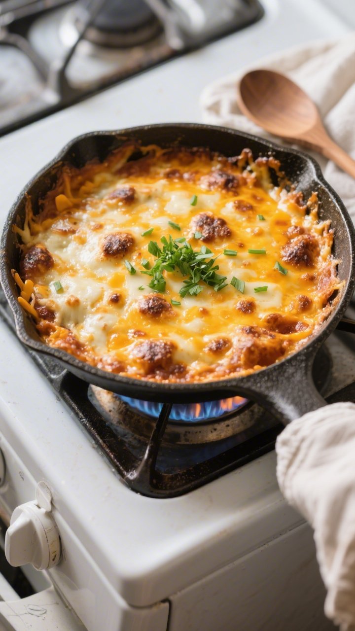 Overhead “finish under the broiler” shot: oven-safe skillet just out from broiling with a bubbli