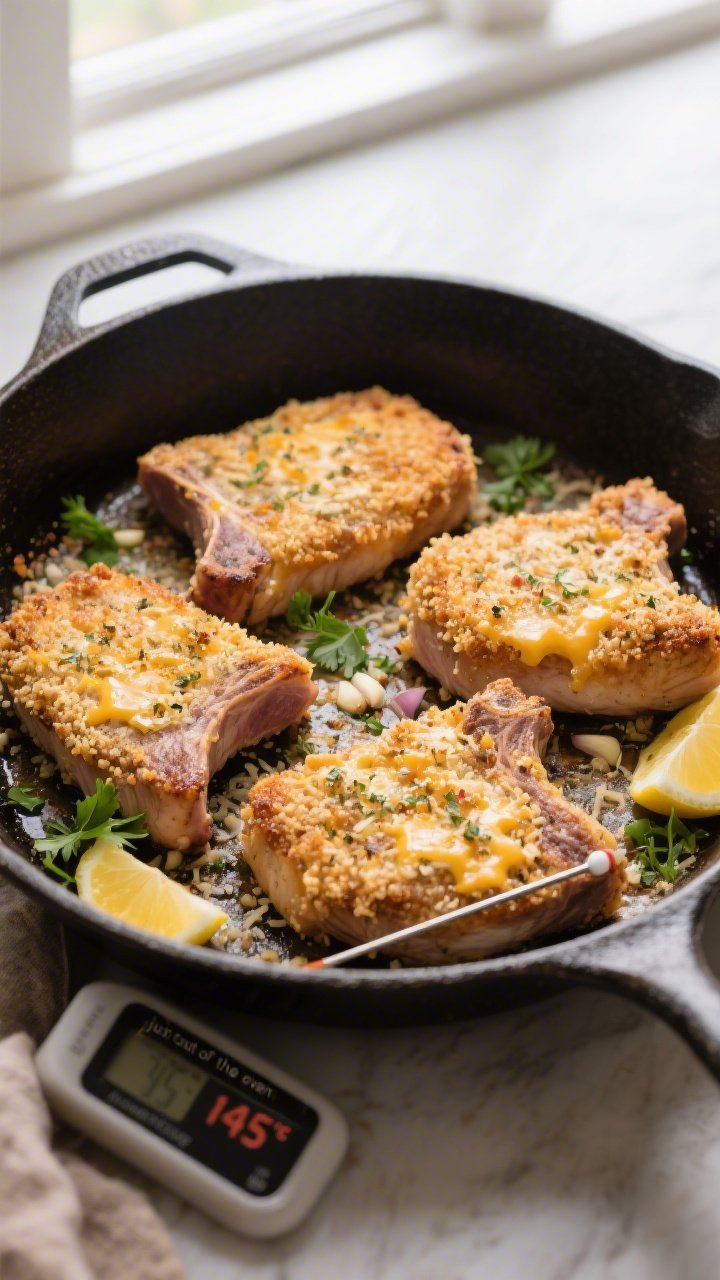 Overhead “just out of the oven” shot: Four Parmesan-crusted pork chops resting in the skillet af