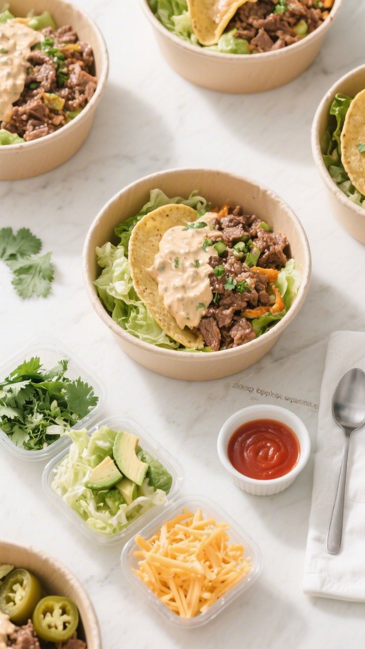 Overhead meal-prep/top view: Tasty overhead shot of multiple assembled bowls and containers—one ma