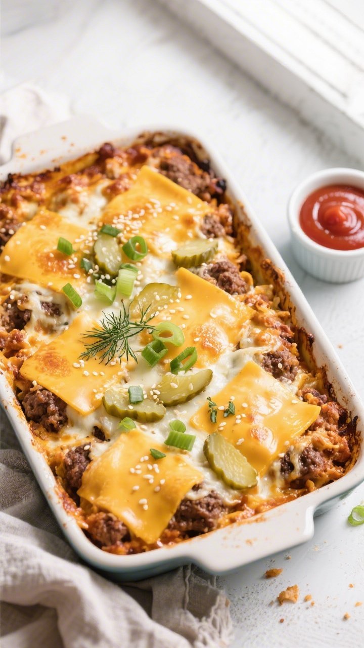 Overhead shot: Keto Double Cheeseburger Casserole just out of the oven in a 9x13 dish, golden bubbly