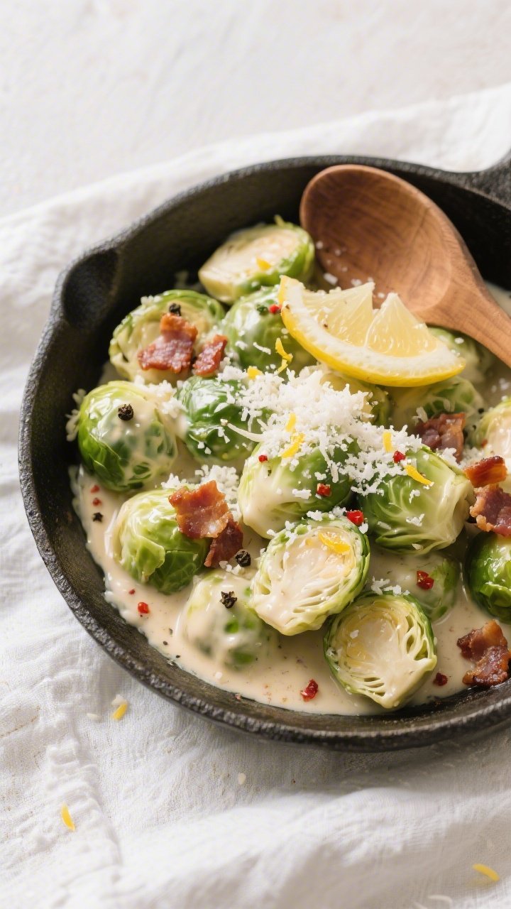 Overhead shot of Keto Creamed Brussels Sprouts finished in the skillet, coated in a silky Parmesan c