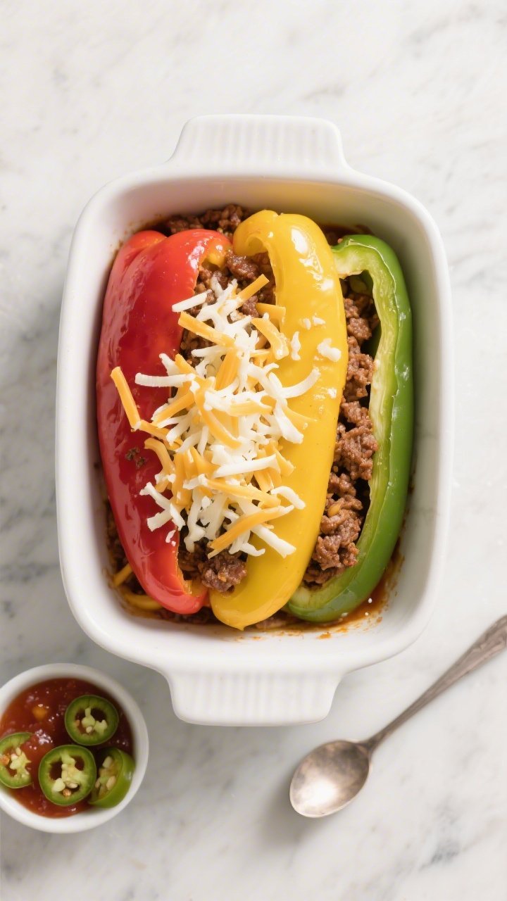 Overhead “stuff-and-bake” stage: Par-baked bell peppers (mix of red, yellow, and green) nestled