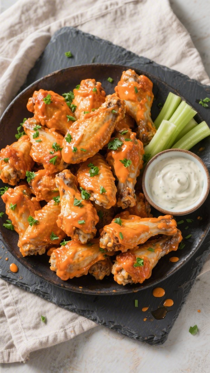 Overhead “tasty top view”: A large platter piled high with saucy keto Buffalo ranch chicken wing